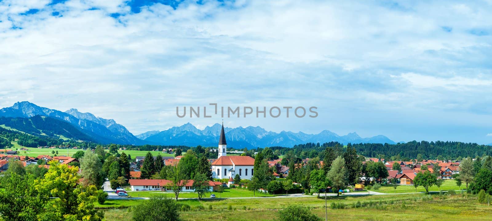 Panorama of Alps mountain meadow and alpine village tranquil summer view (Austria, Gosau village outskirts)
