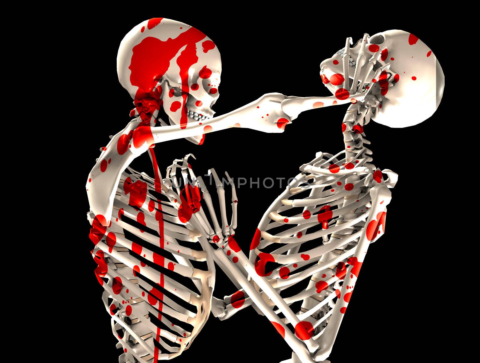 Pair of skeletons that are fighting each other covered in blood.