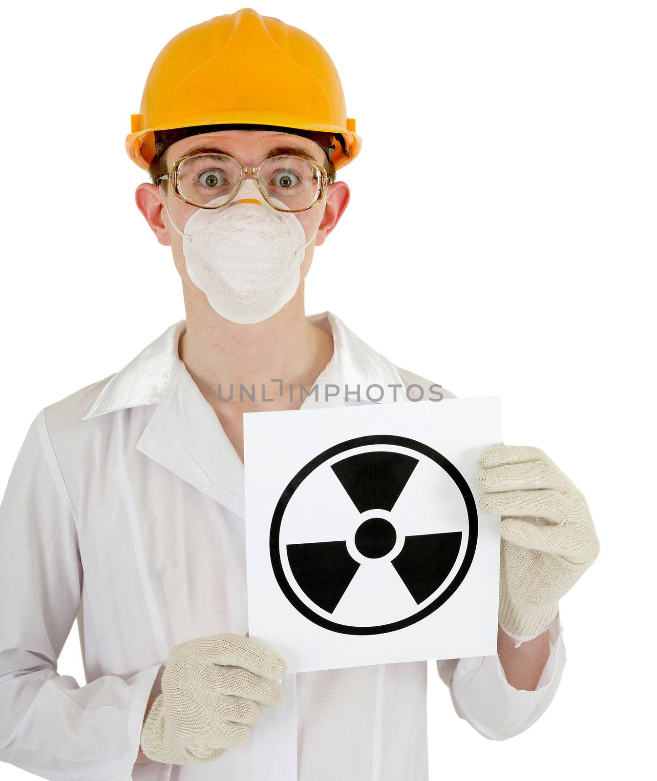 The scientist - a chemist with the sign of radiation in the hands