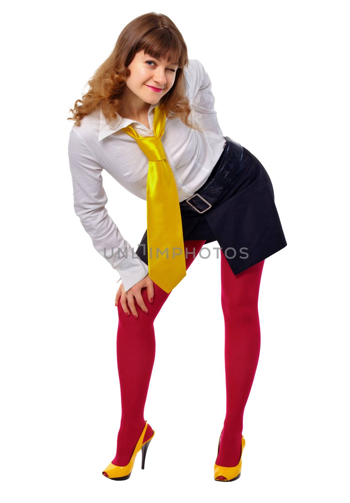 Young girl in red stockings and a yellow shoes isolated on white background