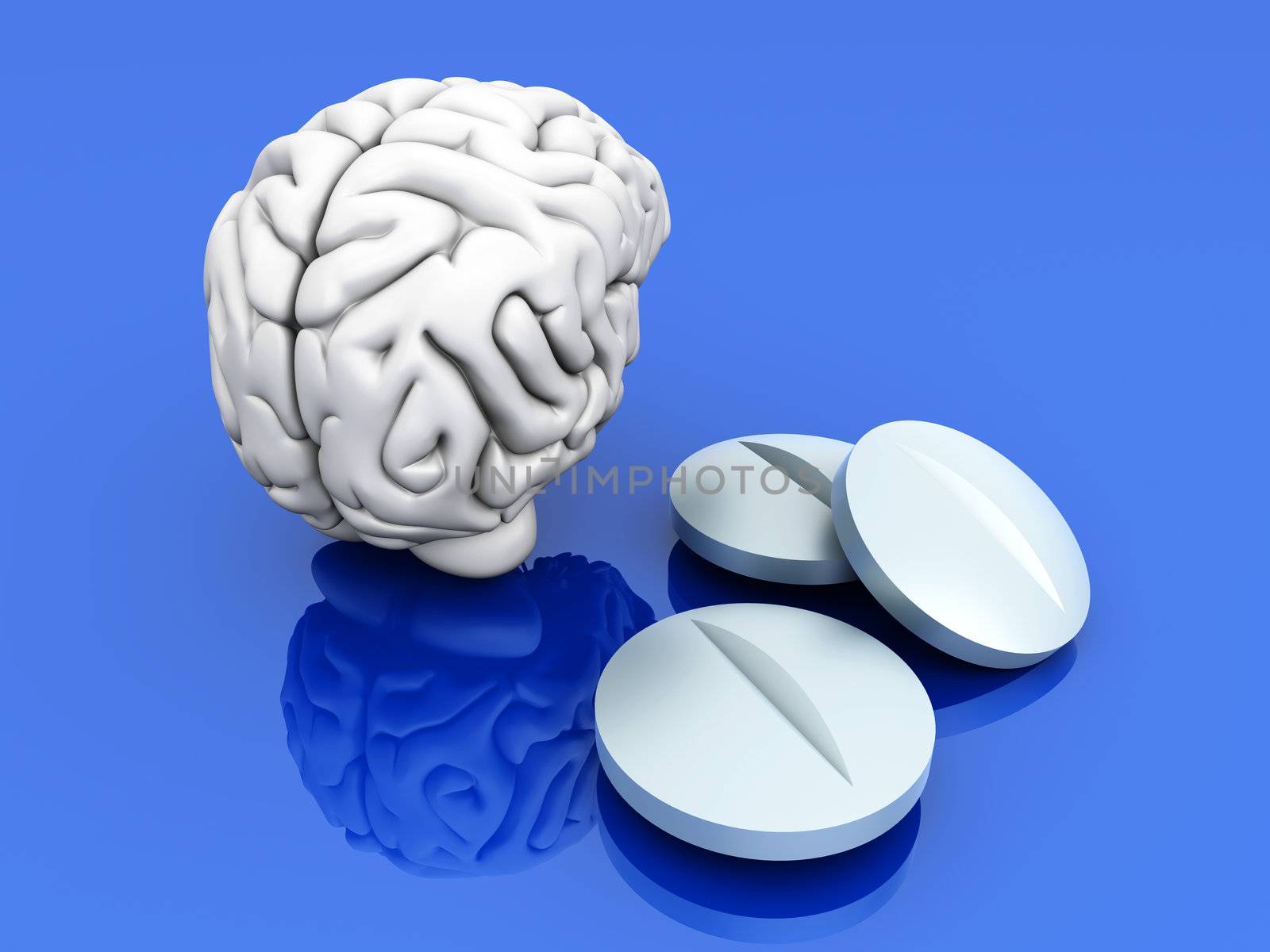 Some pills for the Brain. Symbolic for Drugs, Psychopharmaceuticals, Nootropics and other Medications. 3d rendered Illustration.