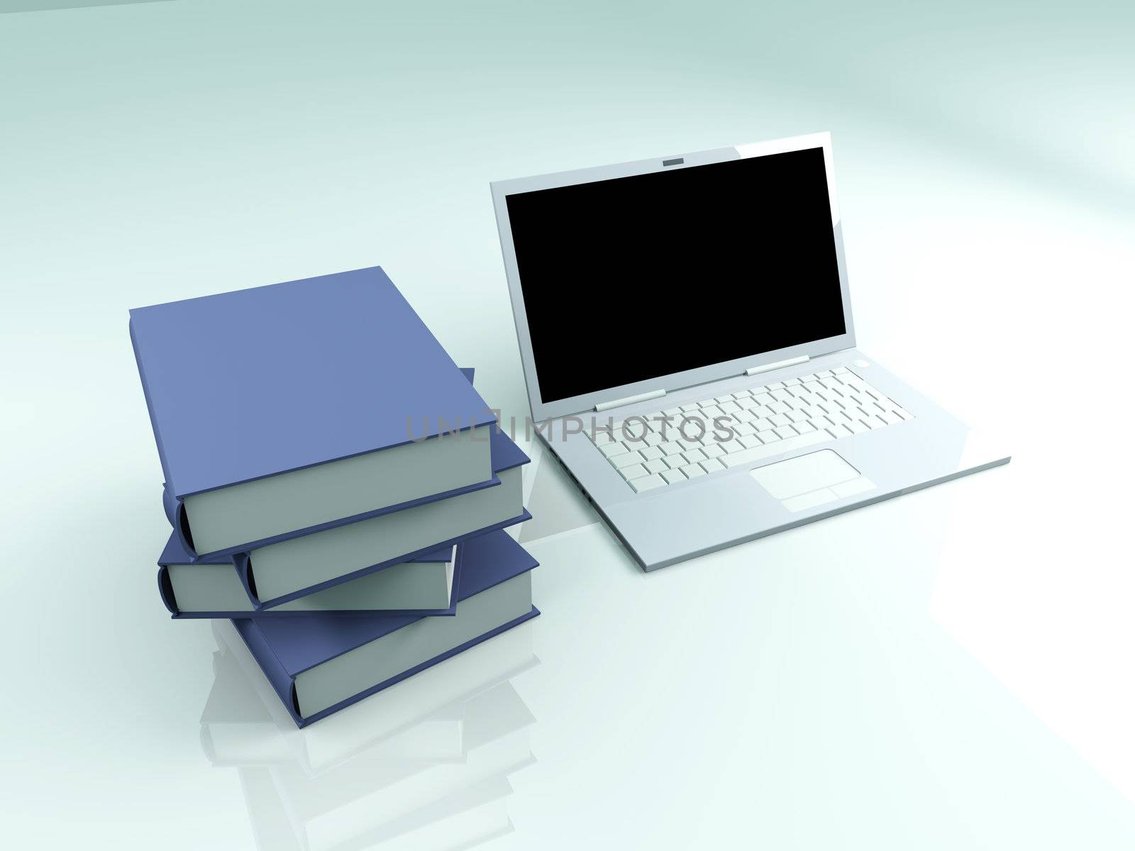 A Laptop with books. 3D rendered illustration.  