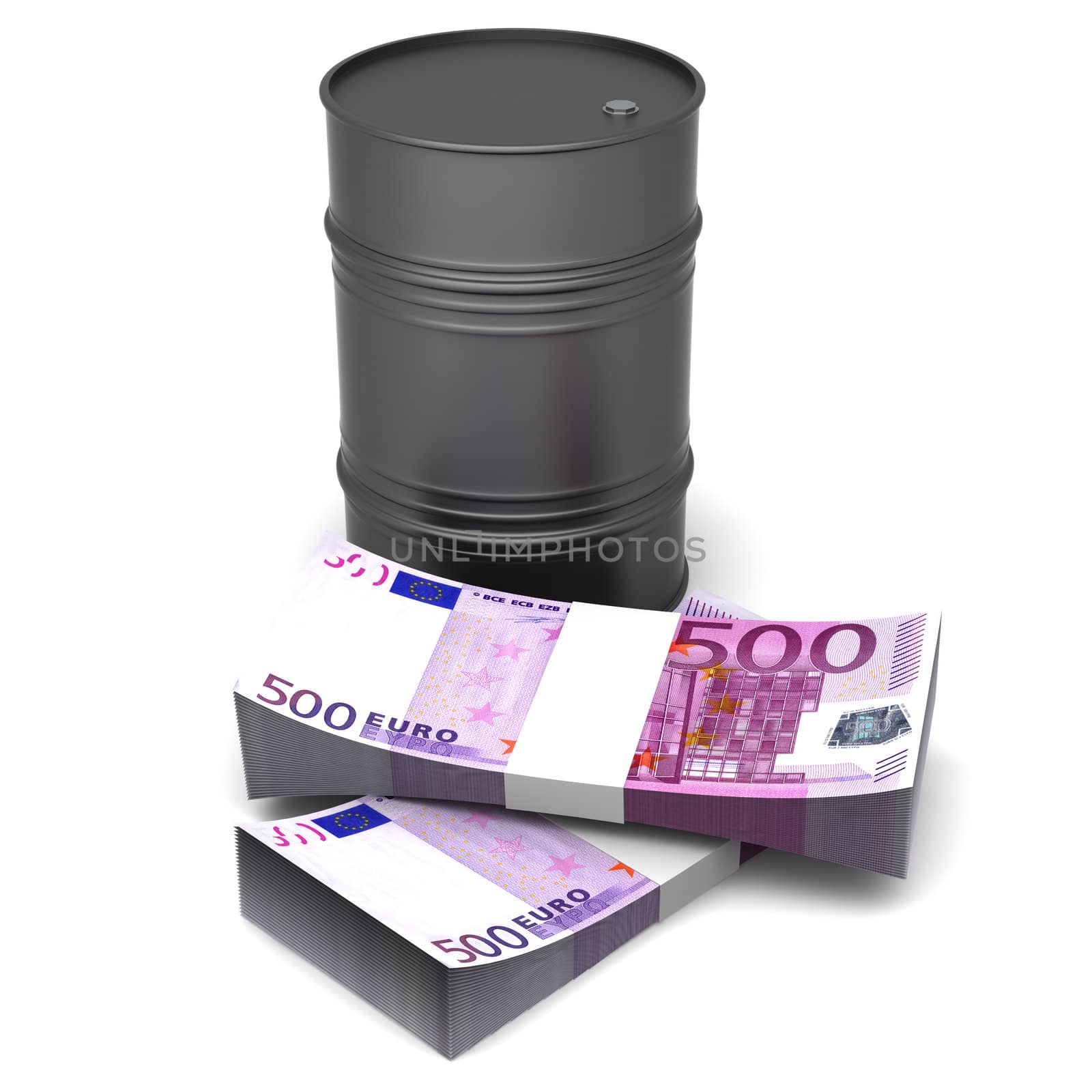 Euros and oil. 3D rendered Illustration. Isolated on white.