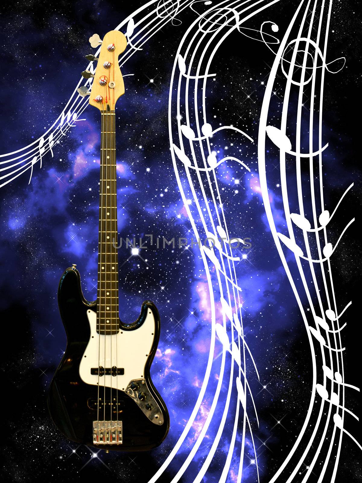 Bass guitar with music in the deep space, Music concept