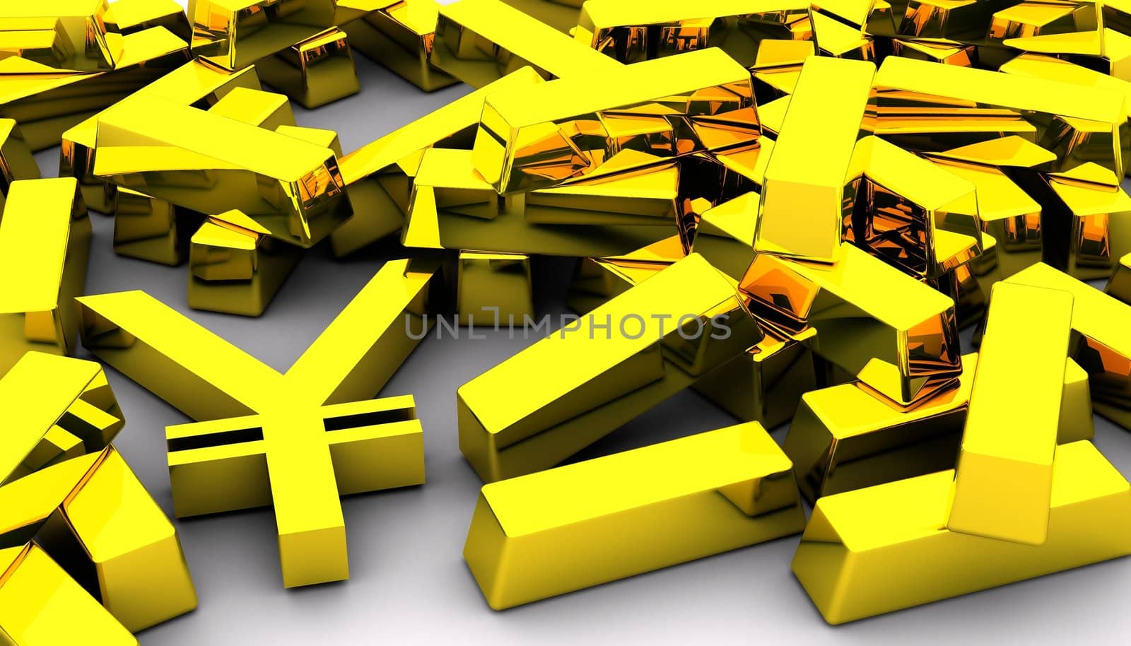 Concept of gold bars and golden yen symbol on white background.