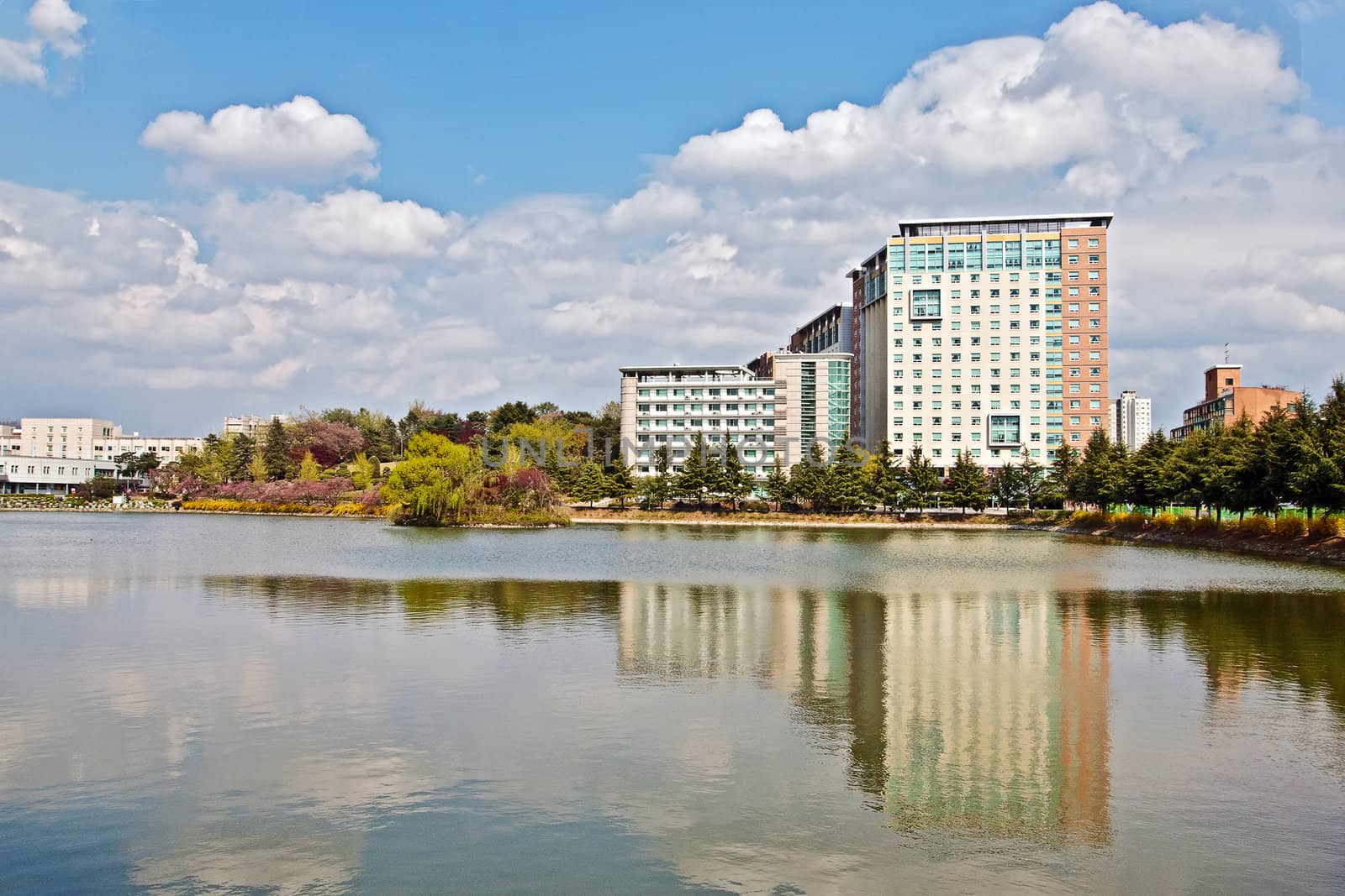 Modern apartment buildings over lake in a university campus 
