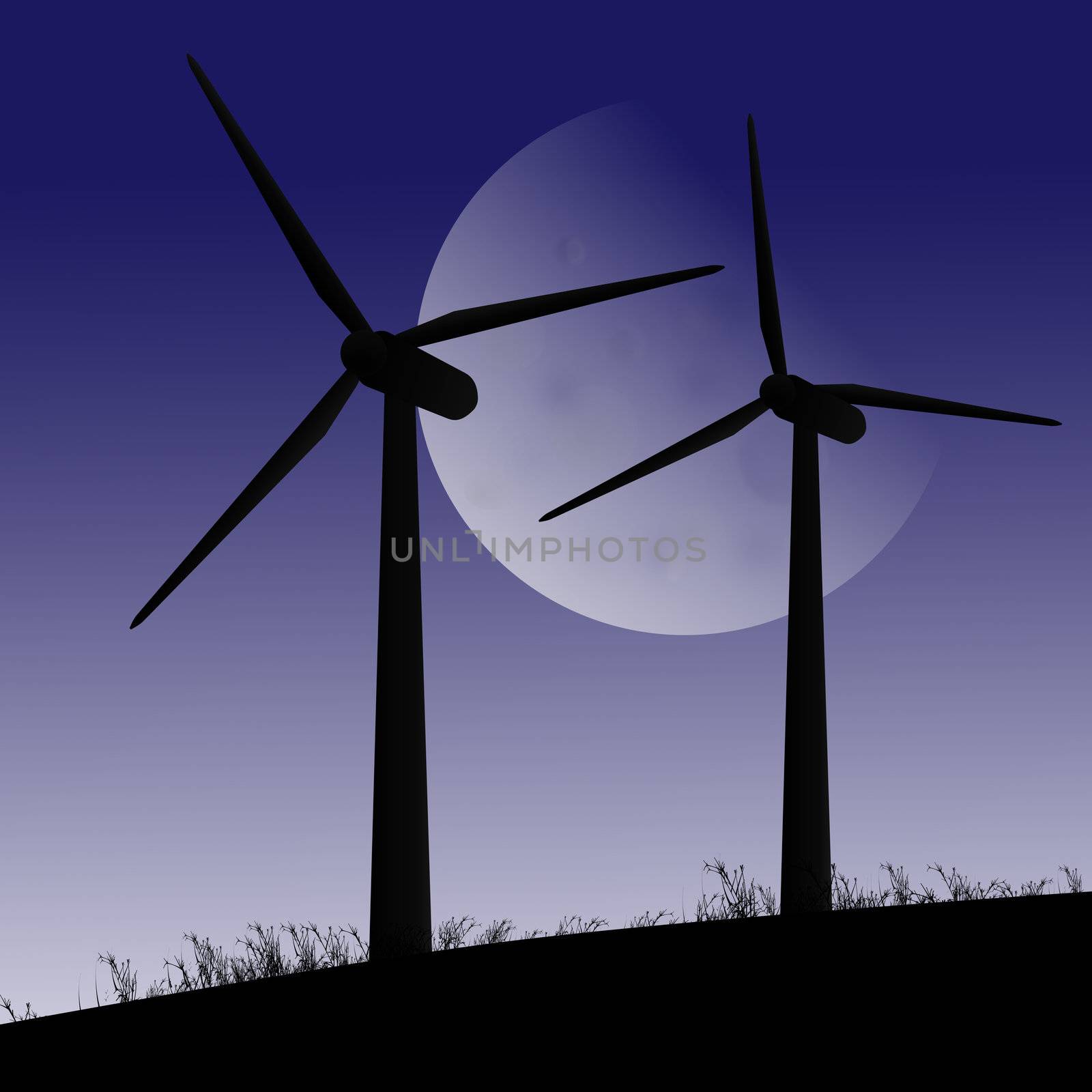 Illustration depicting two silhouetted wind turbines against twilight sky and large moon.