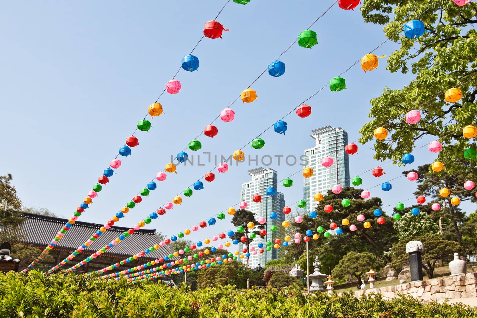 Colorful lanterns hanging near buddhist temple by dsmsoft