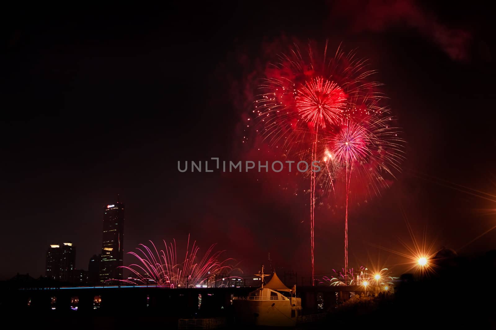 Beautiful fireworks in black sky during fireworks festival in Seoul