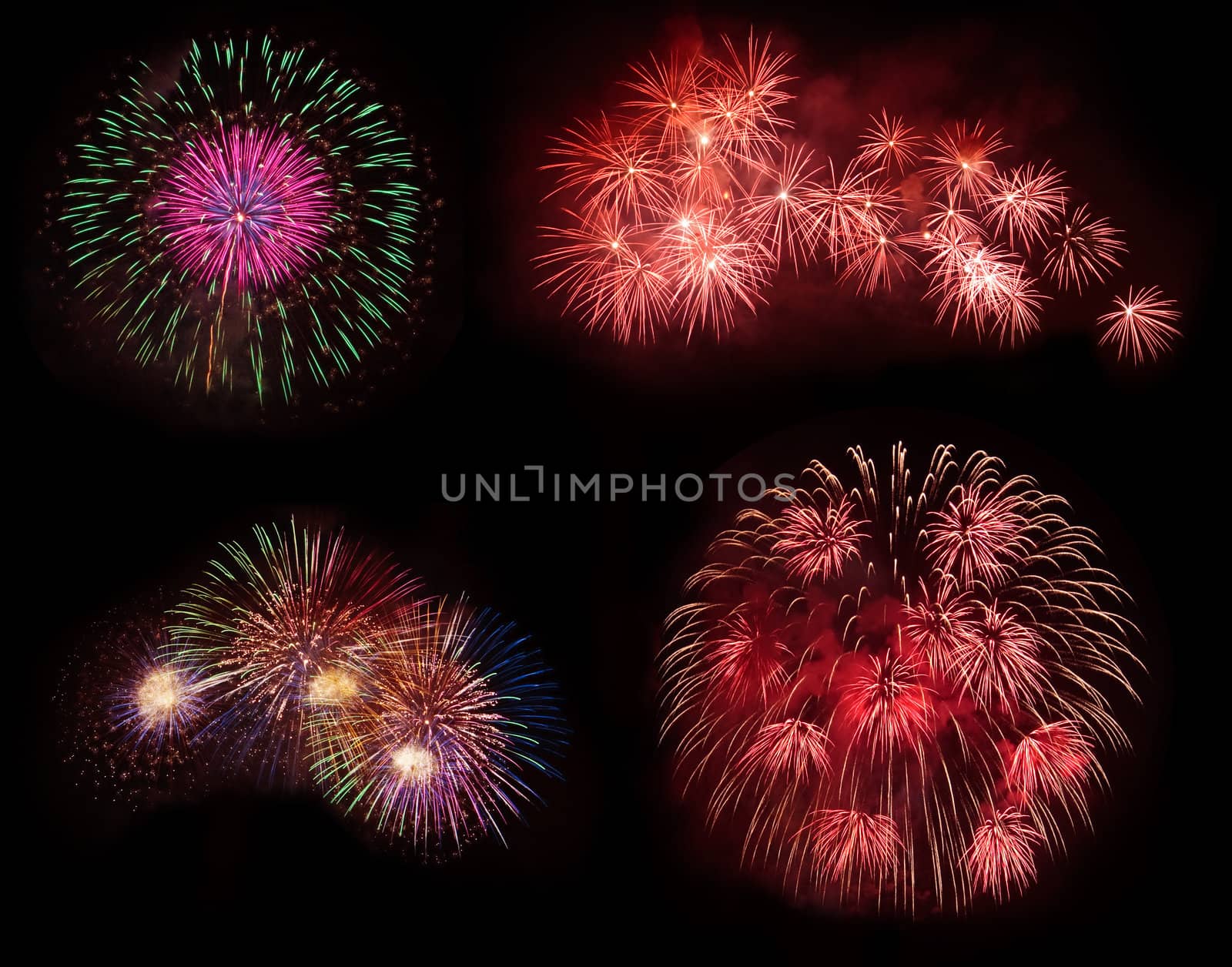 Four colorful fireworks isolated on black background