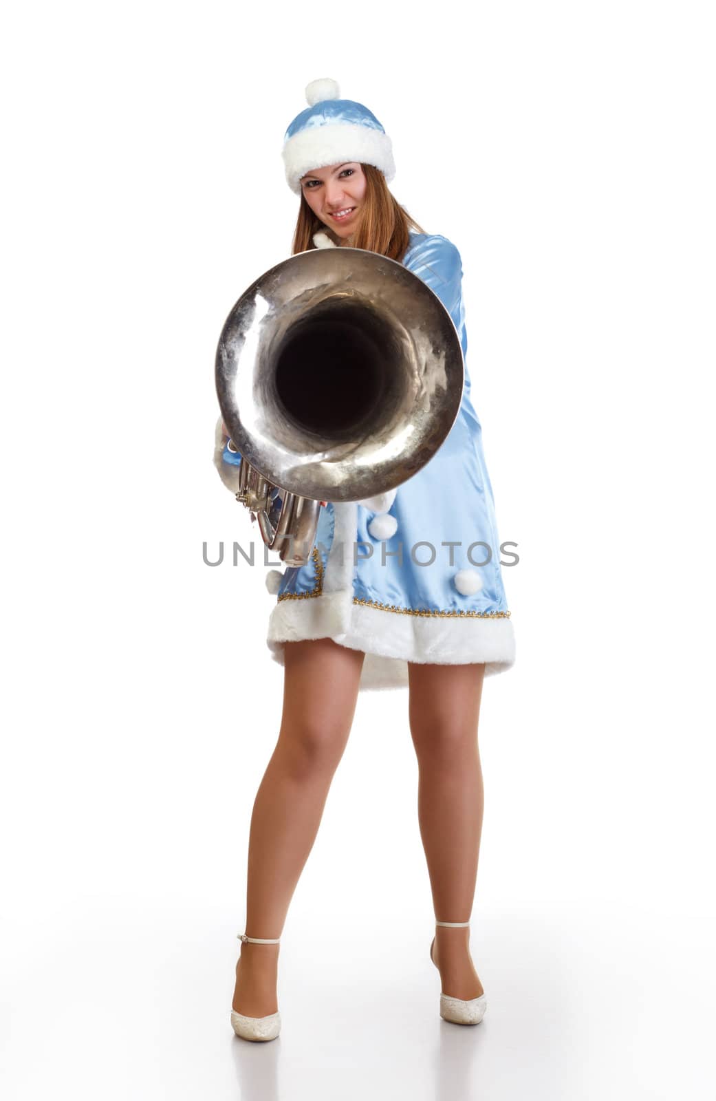 funny santa girl with big trumpet by petr_malyshev
