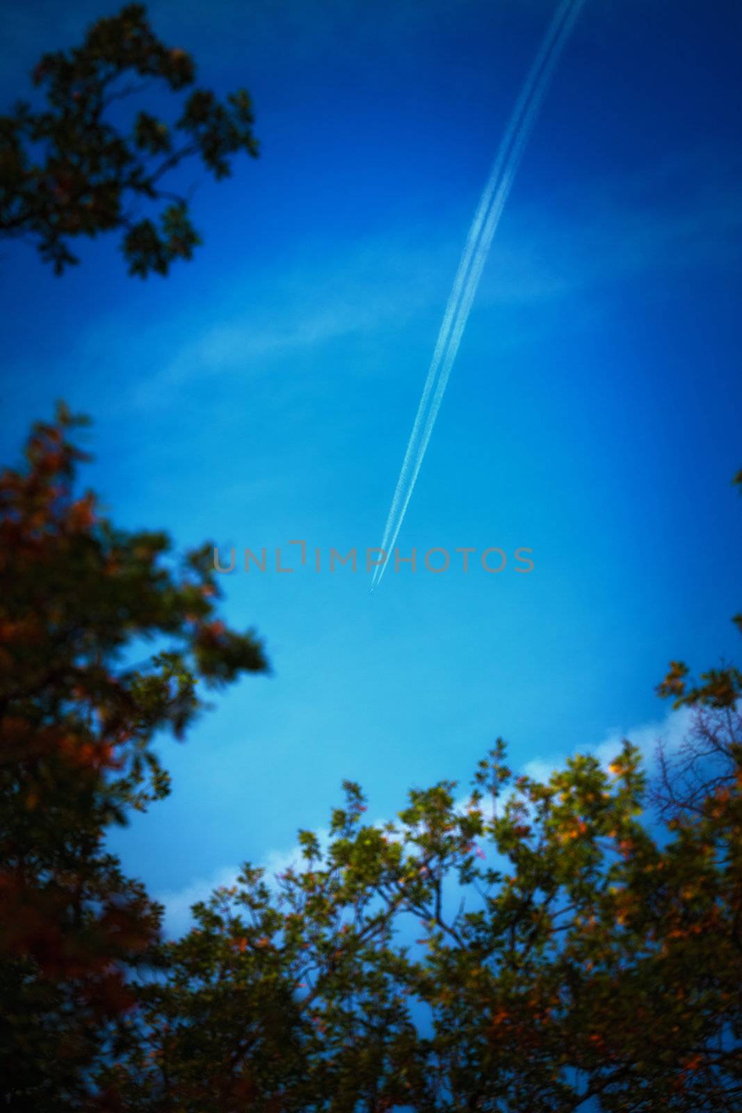 trace of the aircraft in blue sky