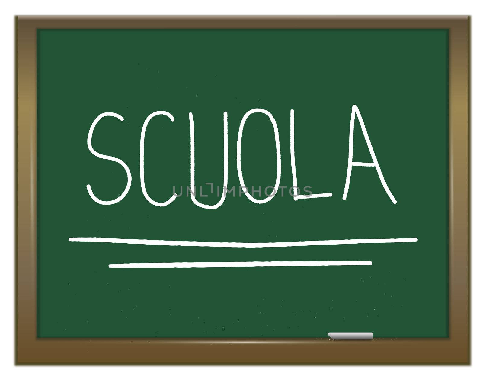 Illustration depicting a green chalkboard with SCUOLA written on it in white.