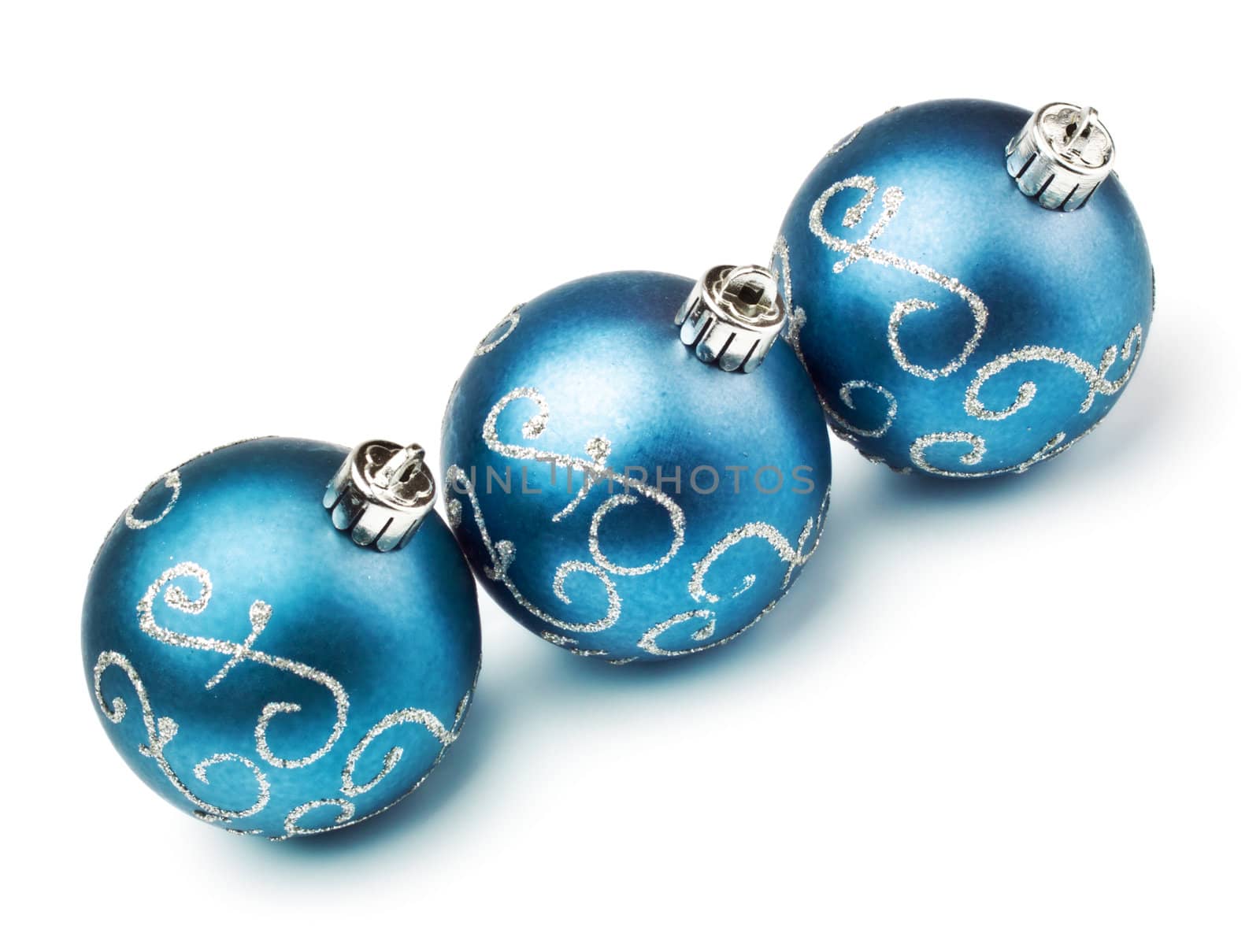 three blue decoration balls isolated on white