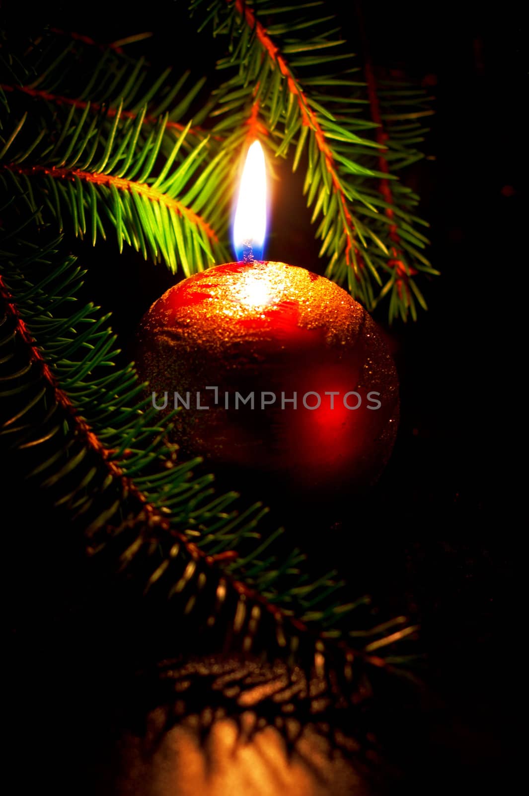 christmas card with candle and fir branches
