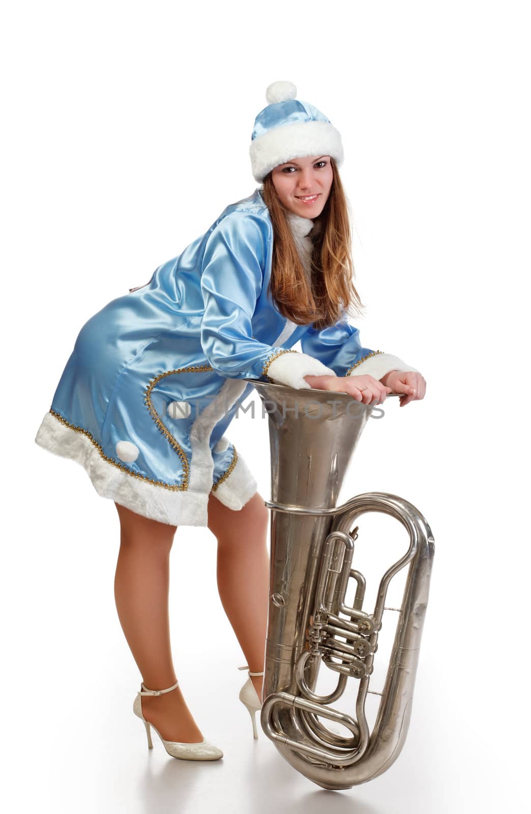 funny santa girl with big trumpet