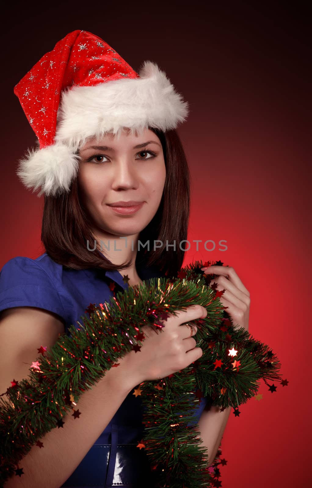 christmas girl in santa hat by petr_malyshev