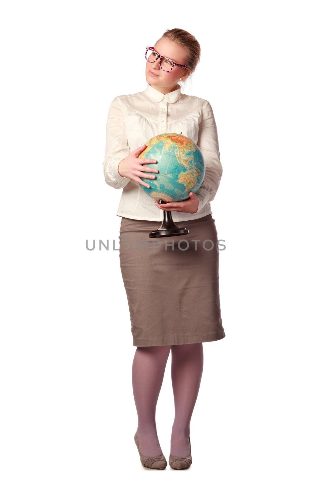 pretty teacher with globe dreaming about something