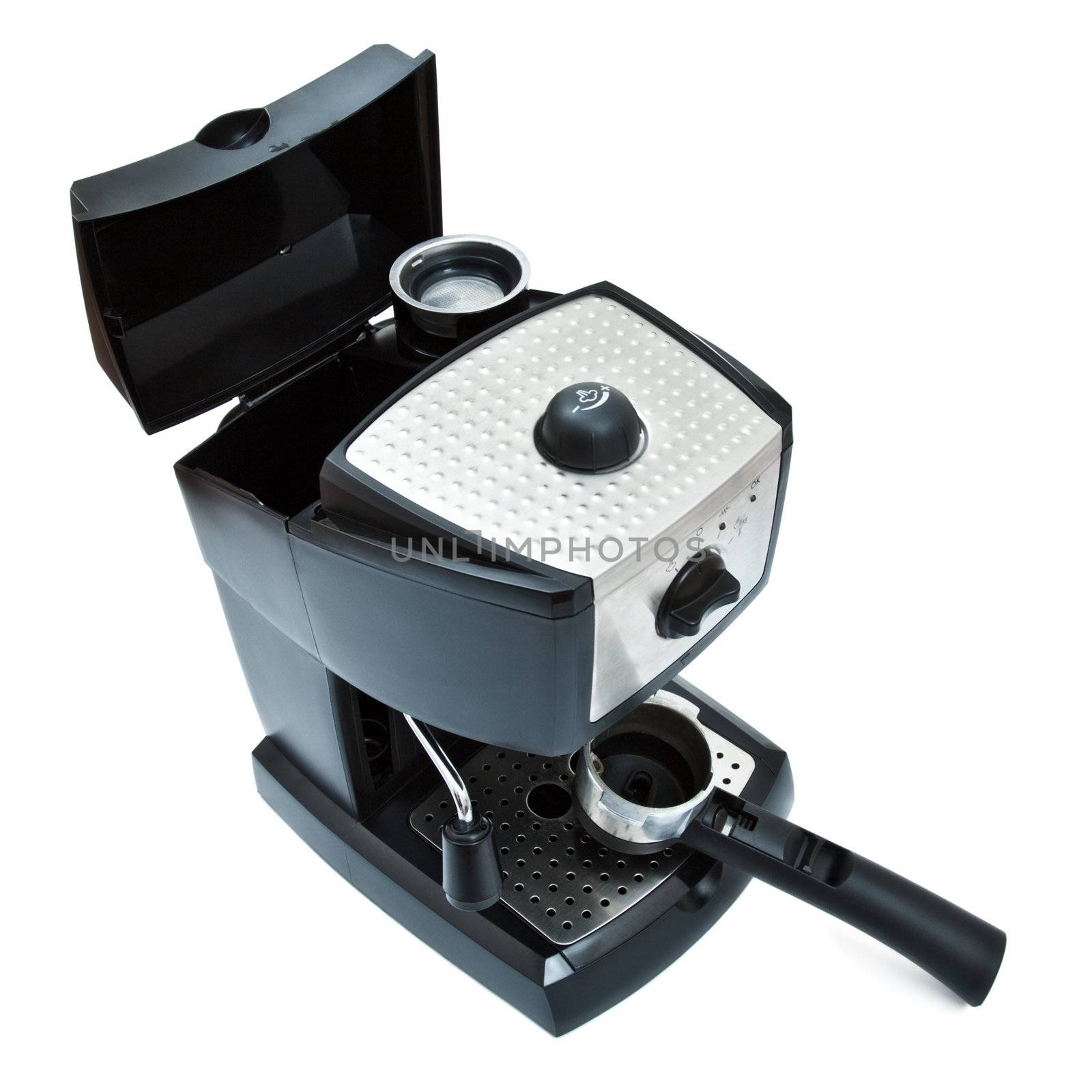 black espresso machine isolated on white background