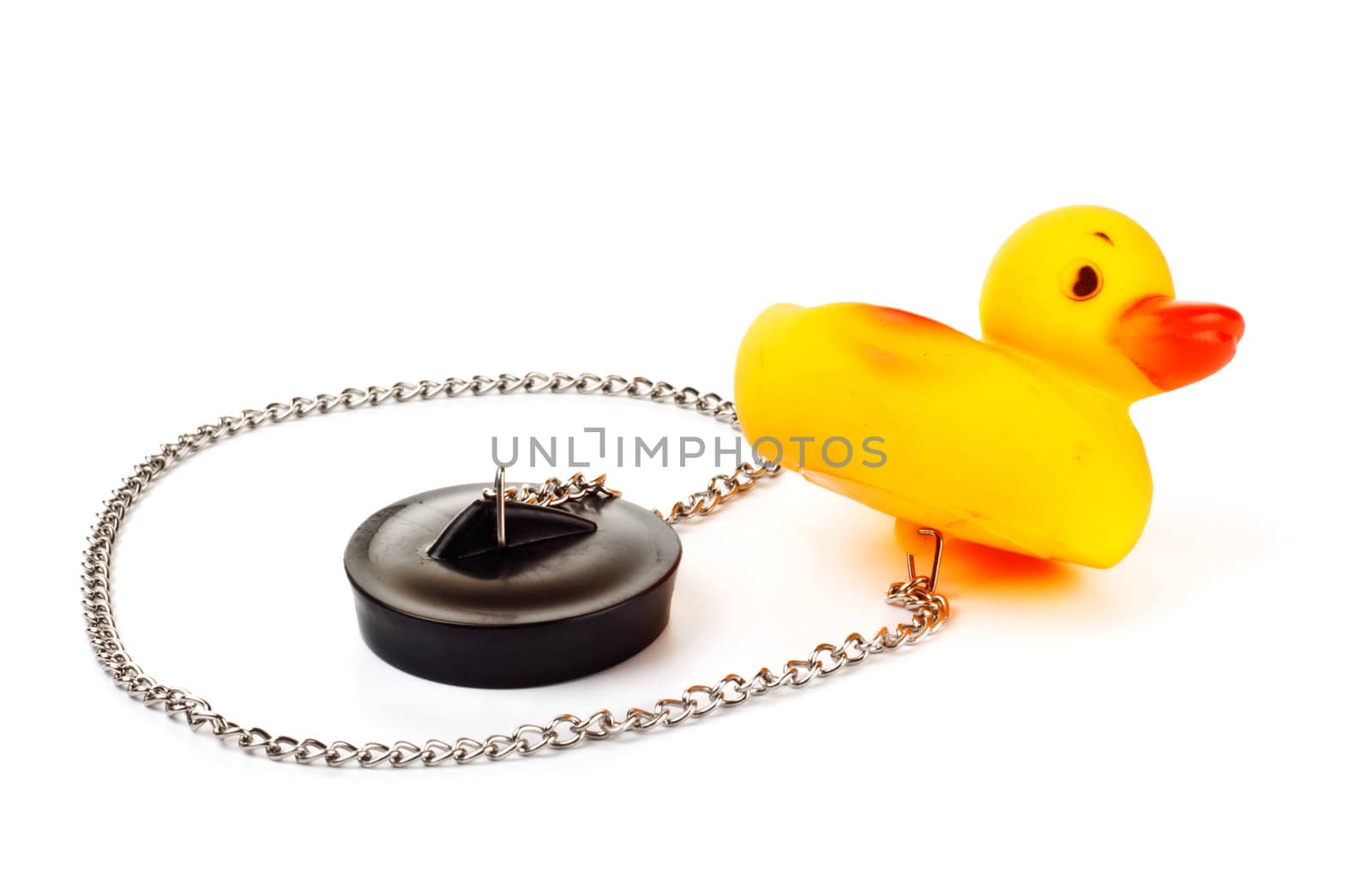 toy duck with plug for bath with chain isolated on white