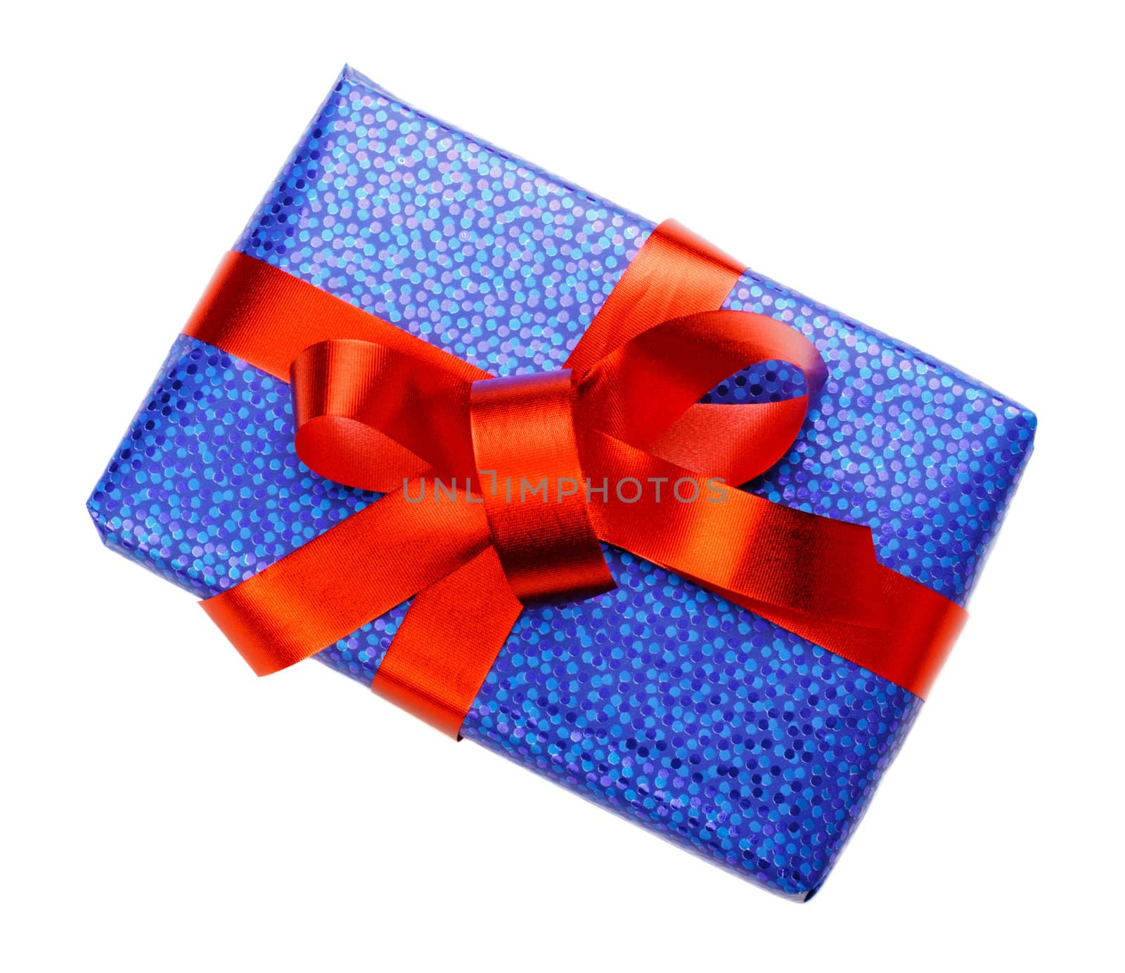 blue gift box with red bow isolated on white