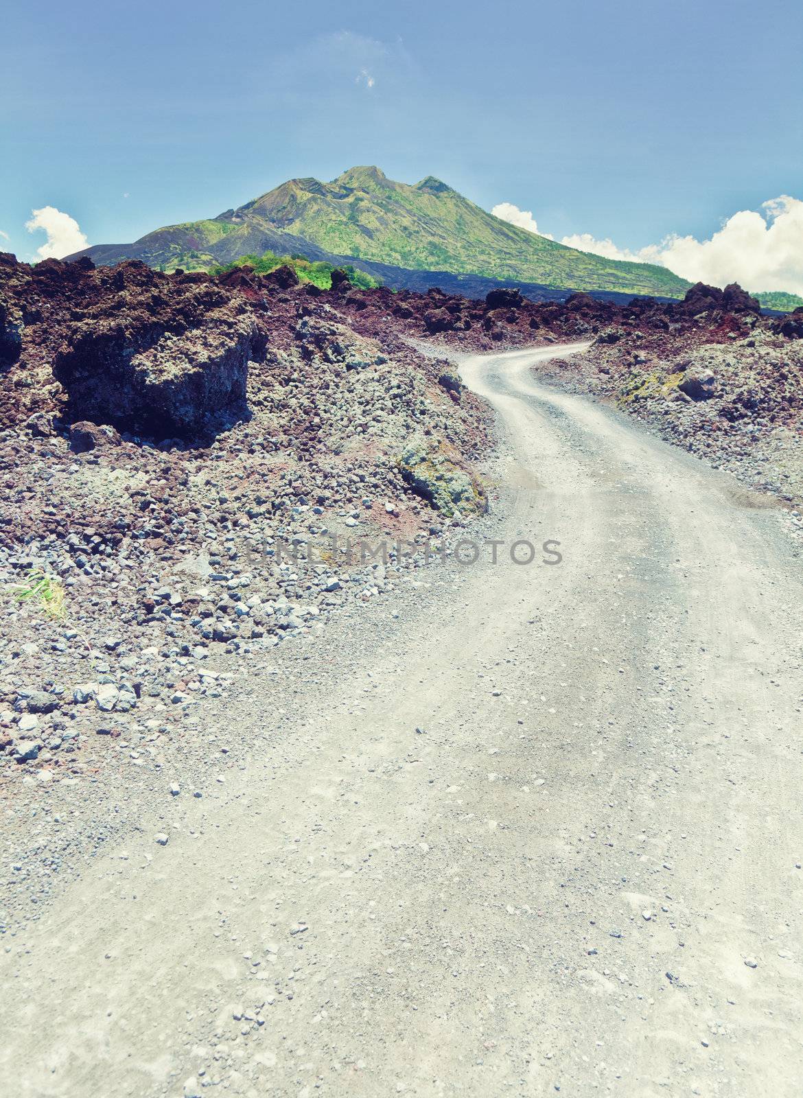 lava road to Batur volcano on Bali island, Indonesia 