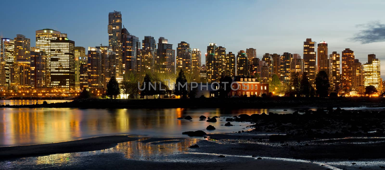 Vancouver BC Canada City Skyline and Deadman's Island at Night Panorama