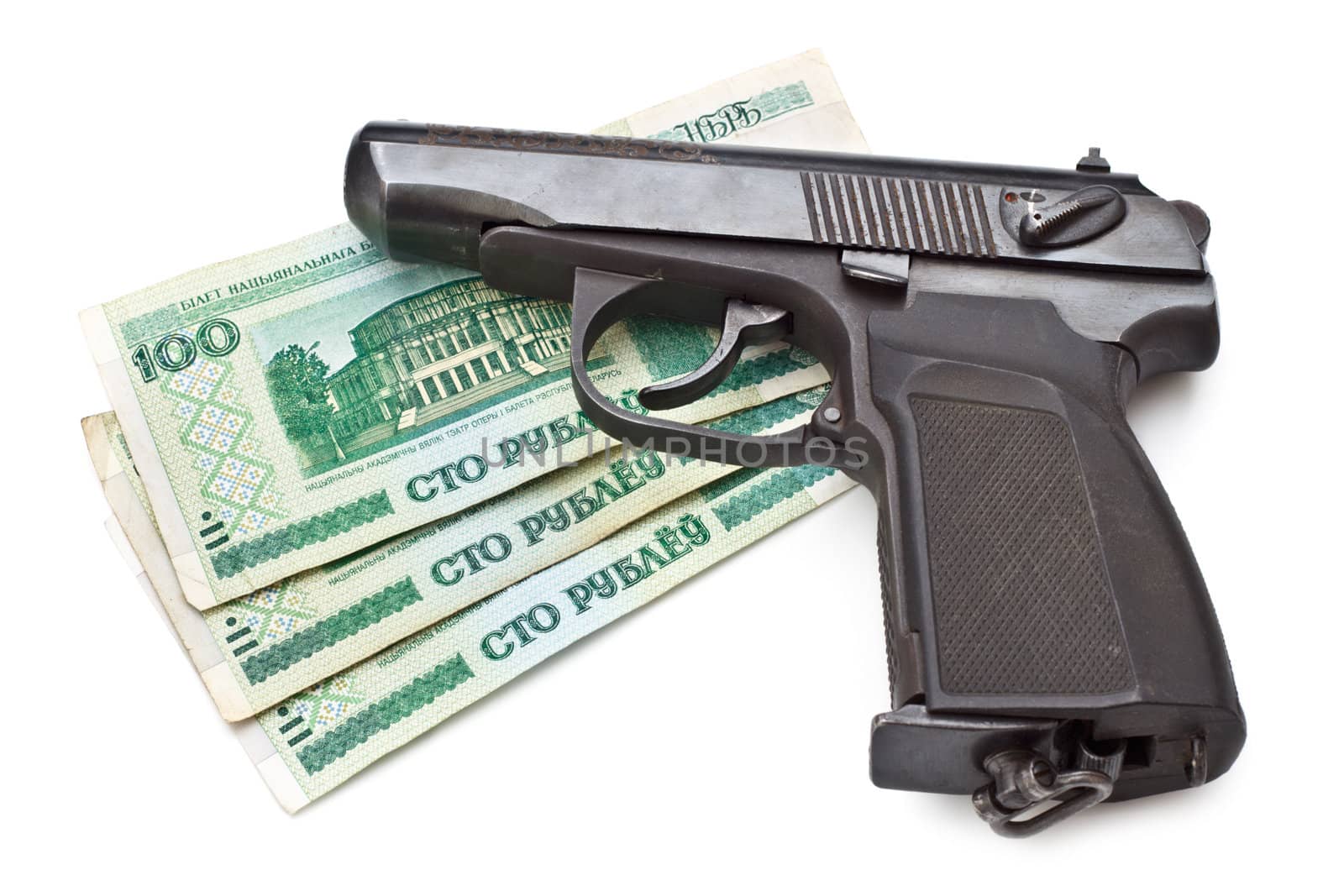 gun and money isolated on white background