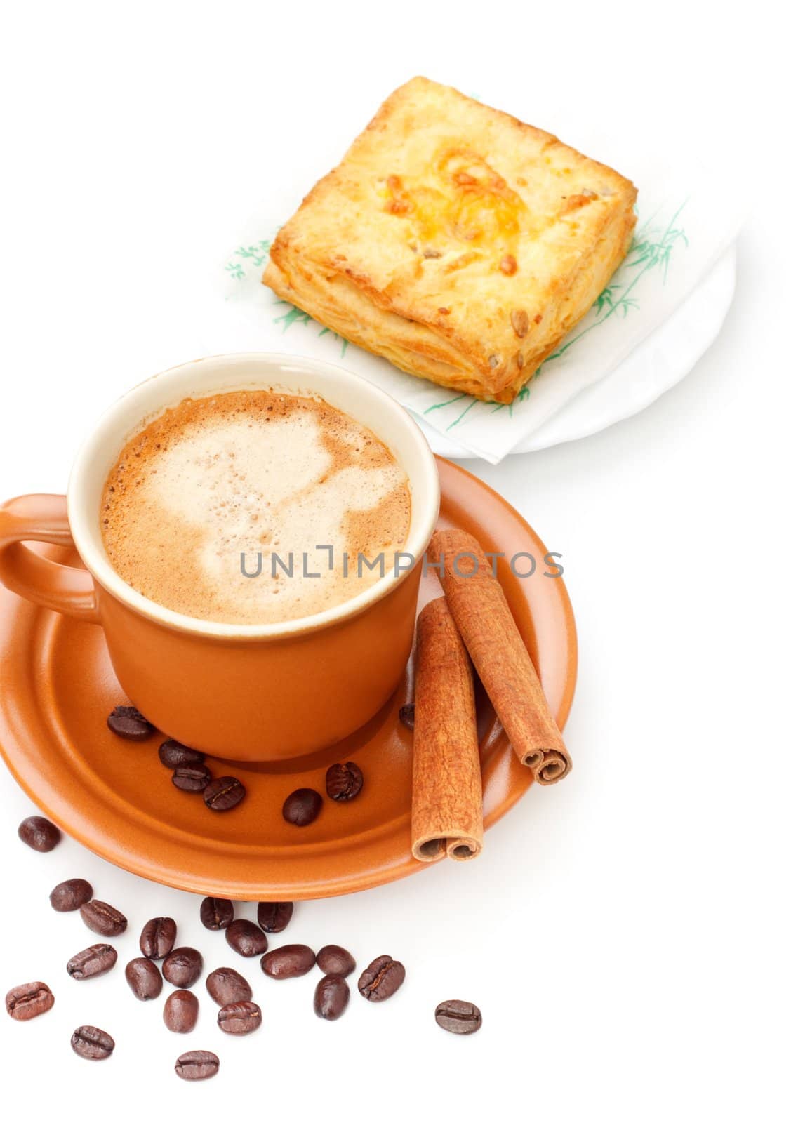 coffee cup and pie on white background