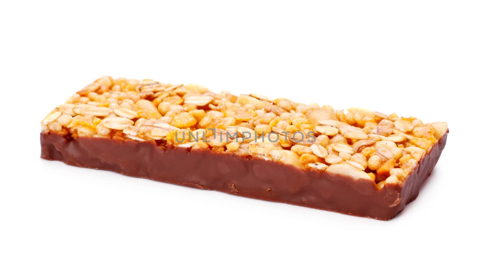 muesli bar in chocolate isolated on white background