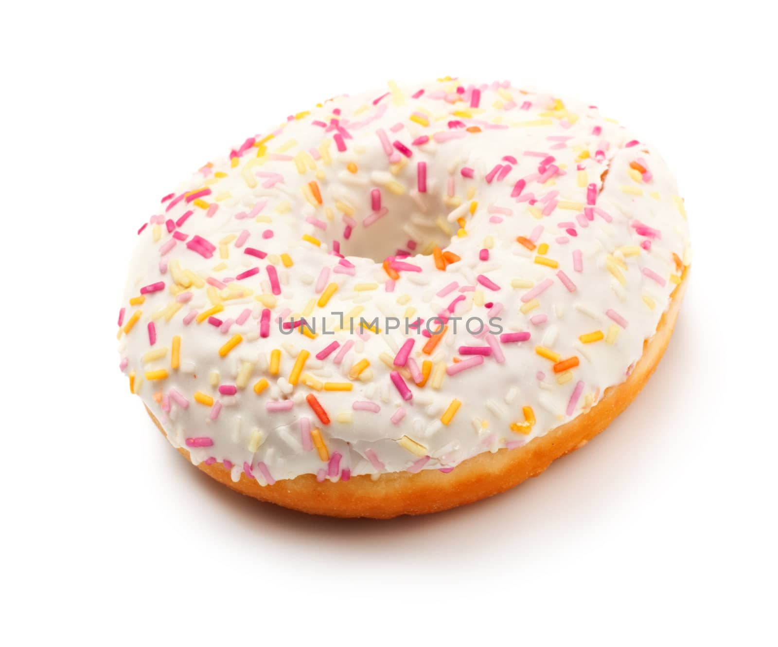 sugar glazed donut covered in sprinkles isolated on white