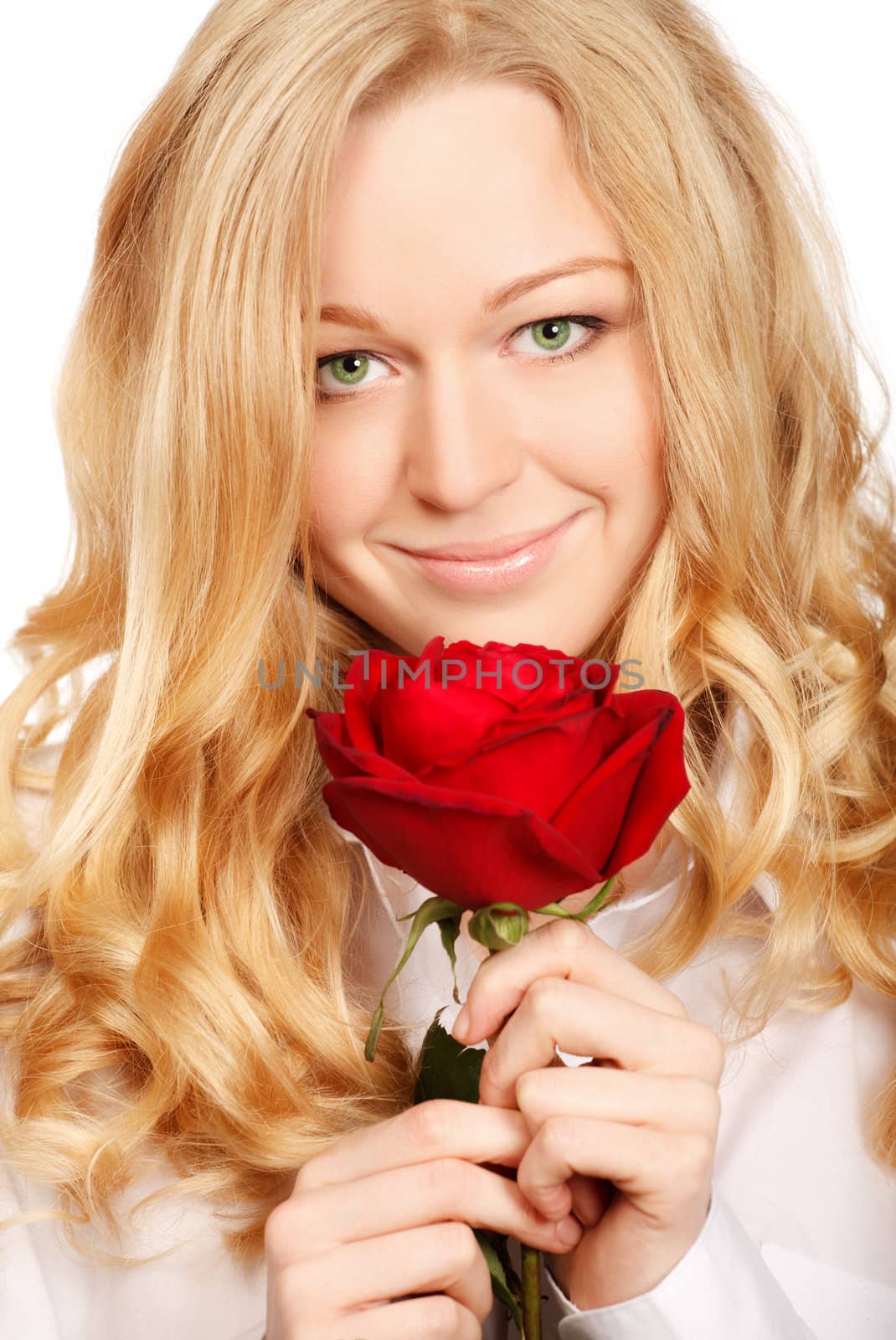 beautiful young woman with red rose, close-up portrait