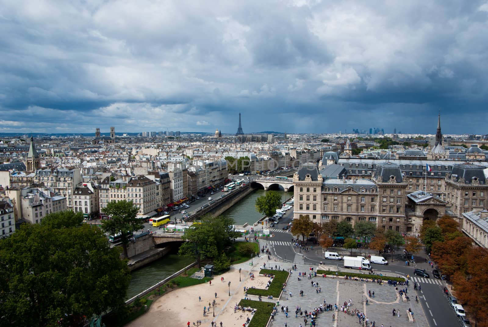 View on Paris from above, Eiffel tower on the center in background