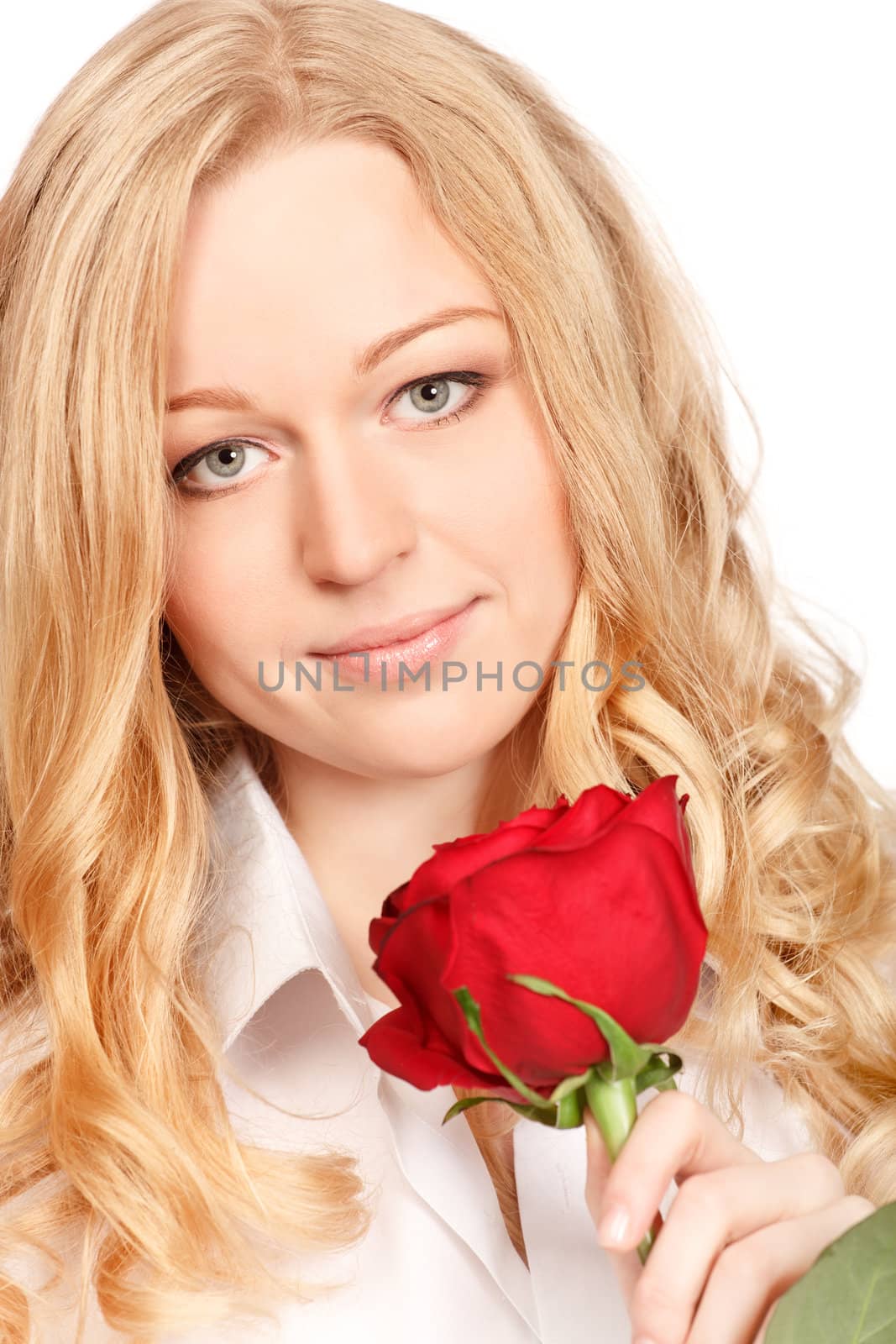 beautiful young woman with red rose, close-up portrait