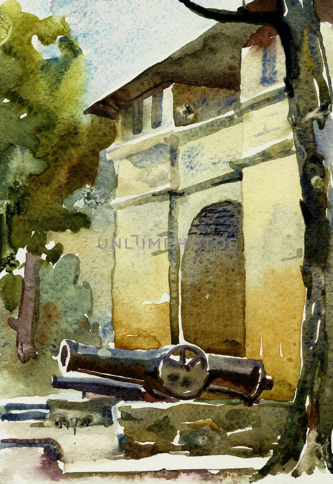 watercolor of old sandstone building - defensive position russian army fron turkish attack