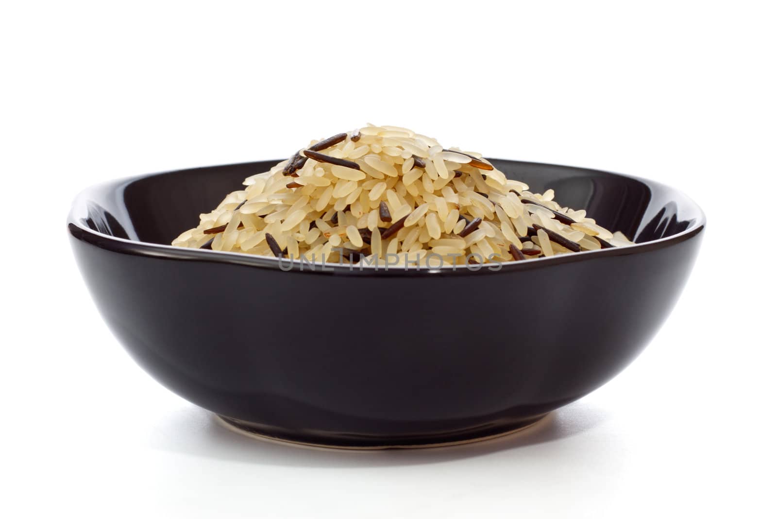 black bowl with rice isolated on white