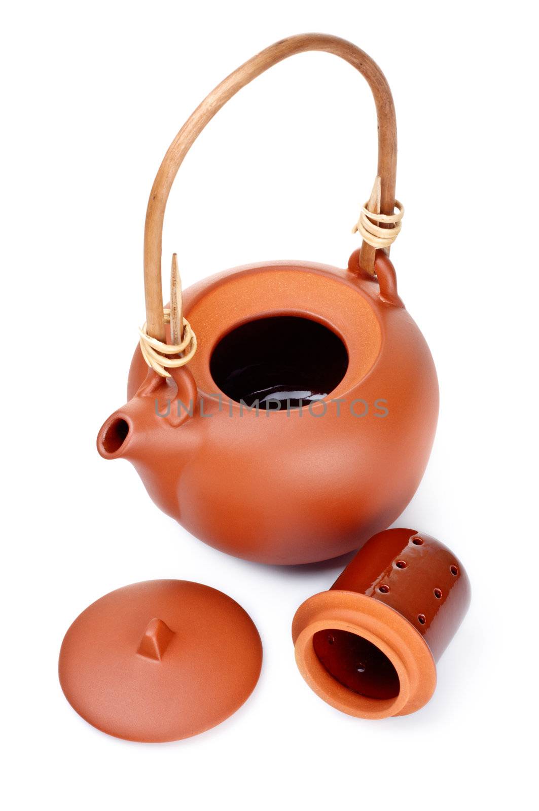 brown clay kettle isolated on white background