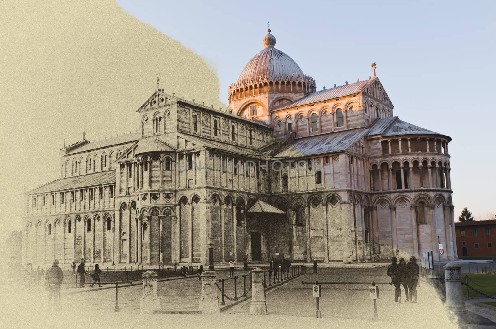 Pisa, Piazza dei miracoli, with the Basilica.technique, ancient slab.