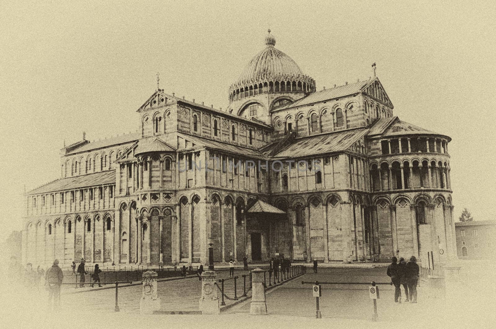 Pisa, Piazza dei miracoli, with the Basilica.technique, ancient slab.
