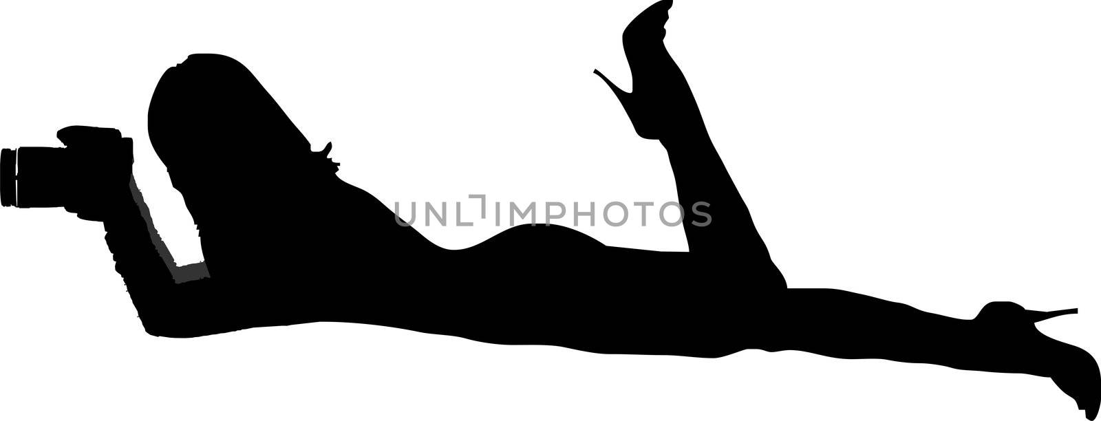 silhouette of a sexy girl lying flat and taking pictures with a camera - isolated vector illustration