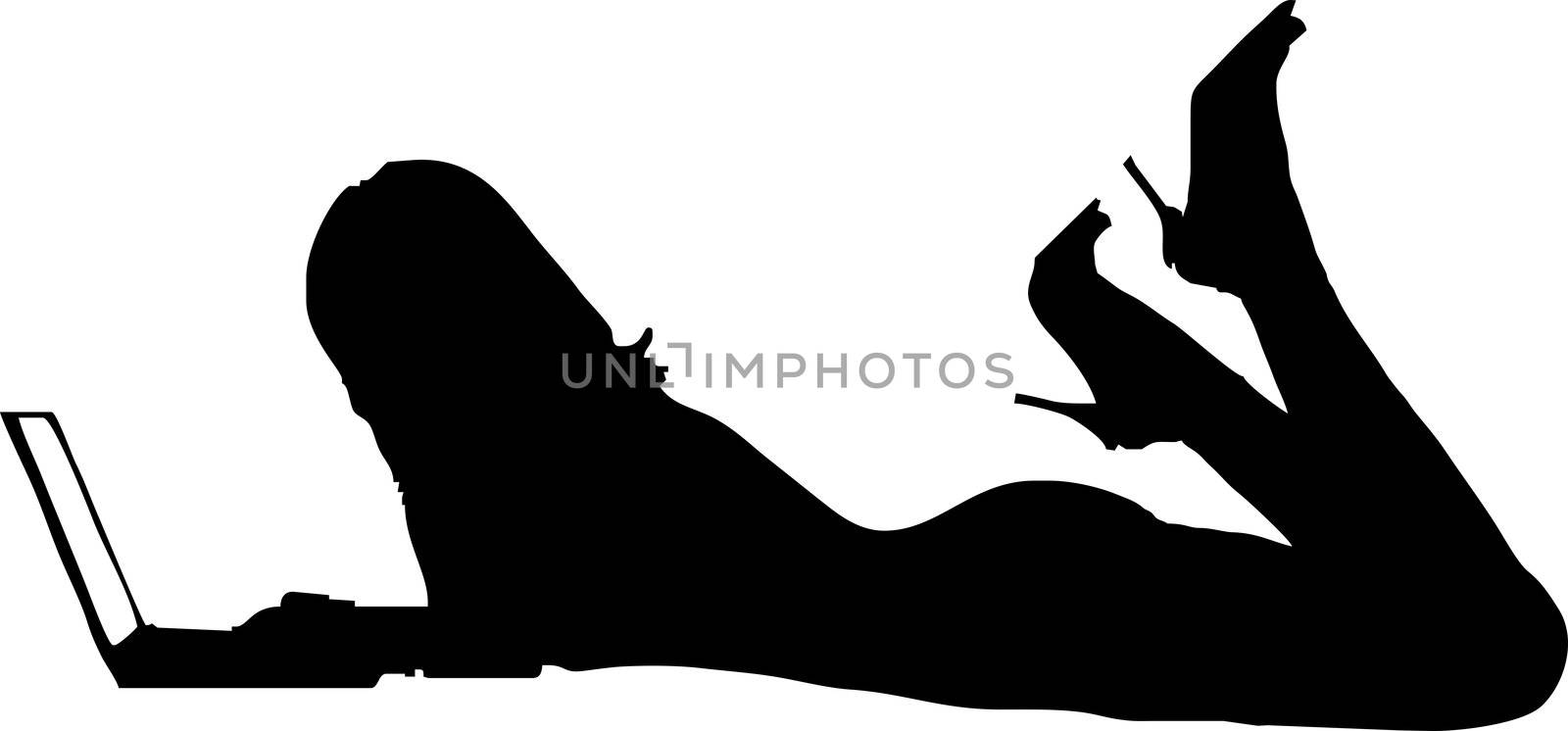 Sexy girl lying flat with laptop - isolated vector illustration