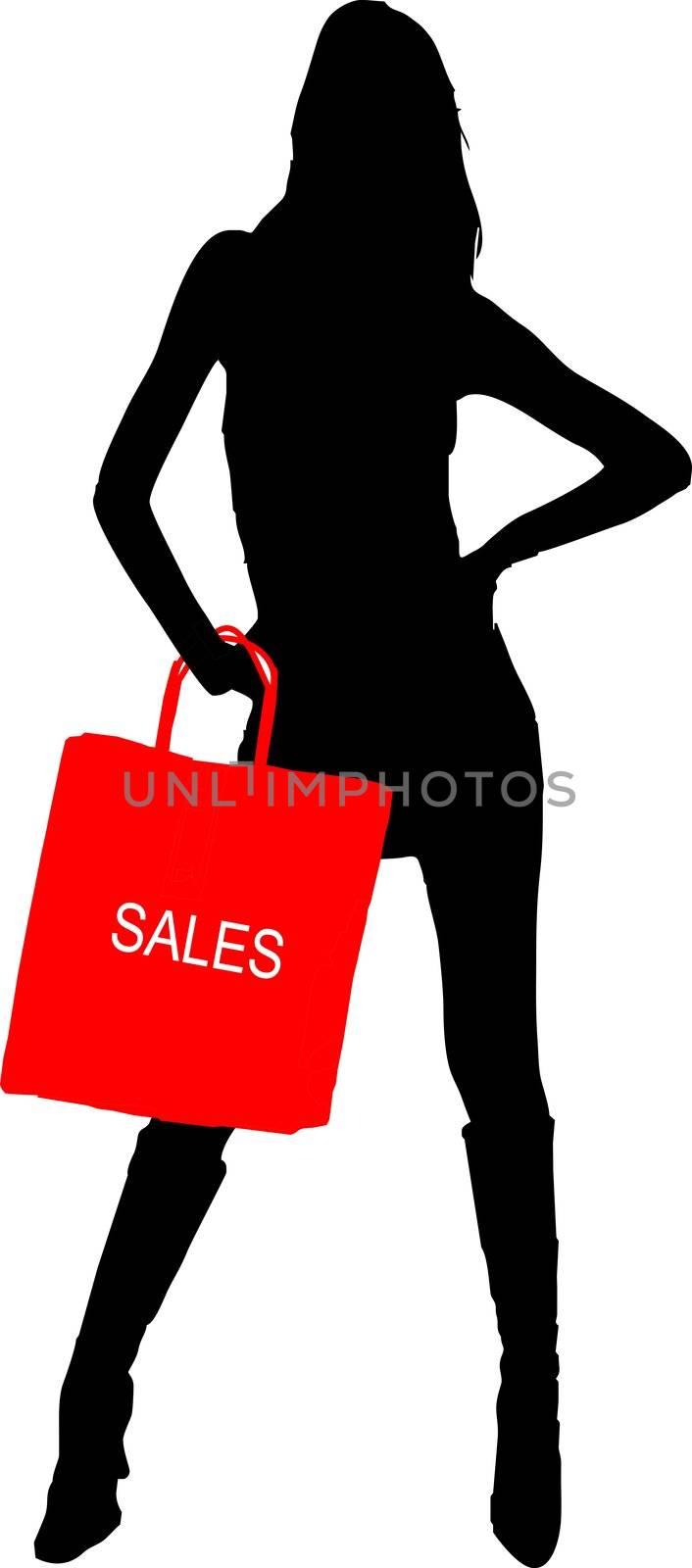 Sexy fashion-victim girl with shopping sales bag - isolated vector illustration