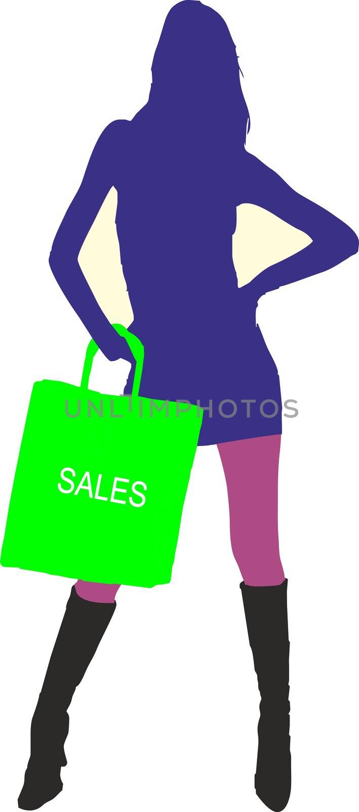 Sexy fashion-victim girl with shopping sales bag - isolated vector illustration