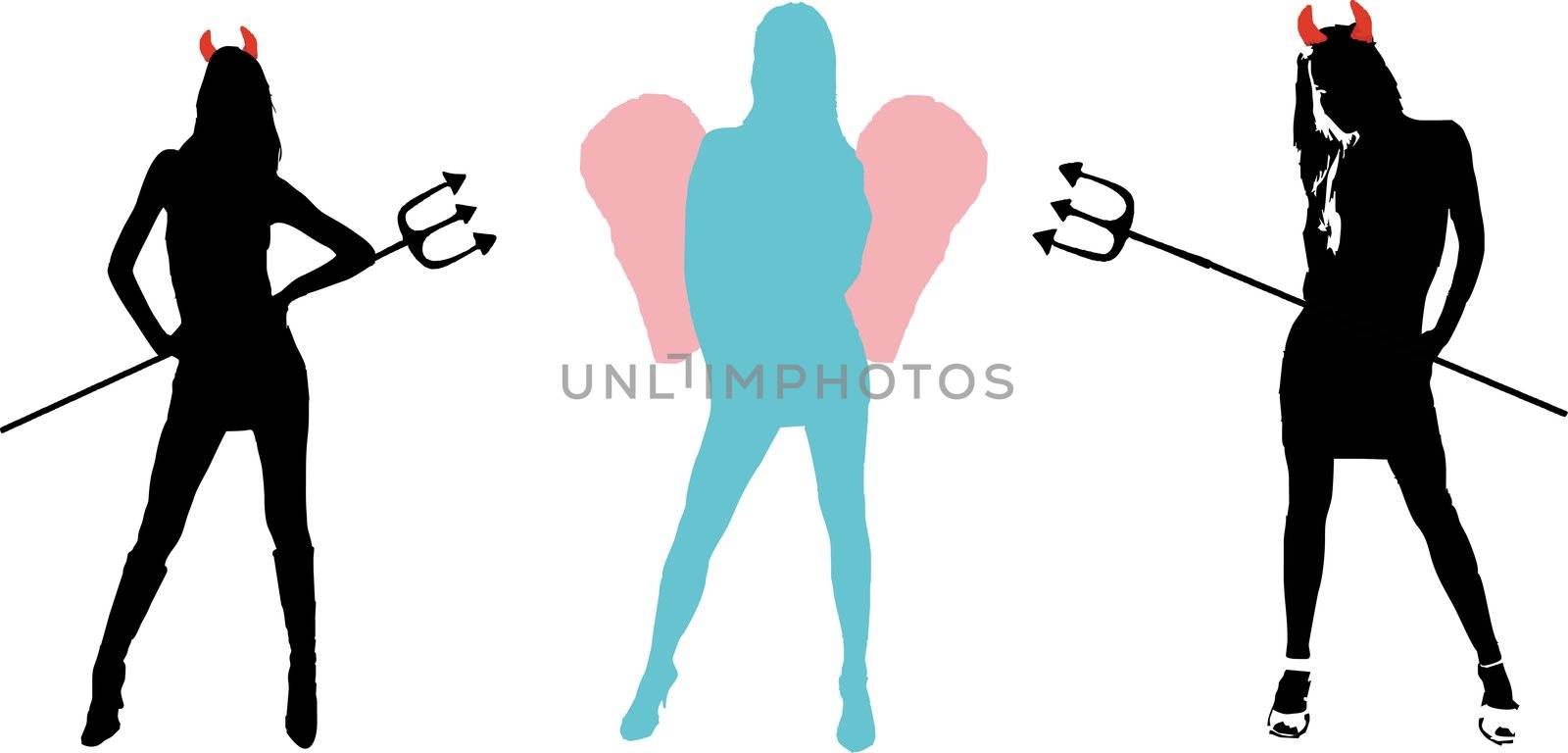 two she-devils with trident surrounding a she-angel - isolated vector illustration