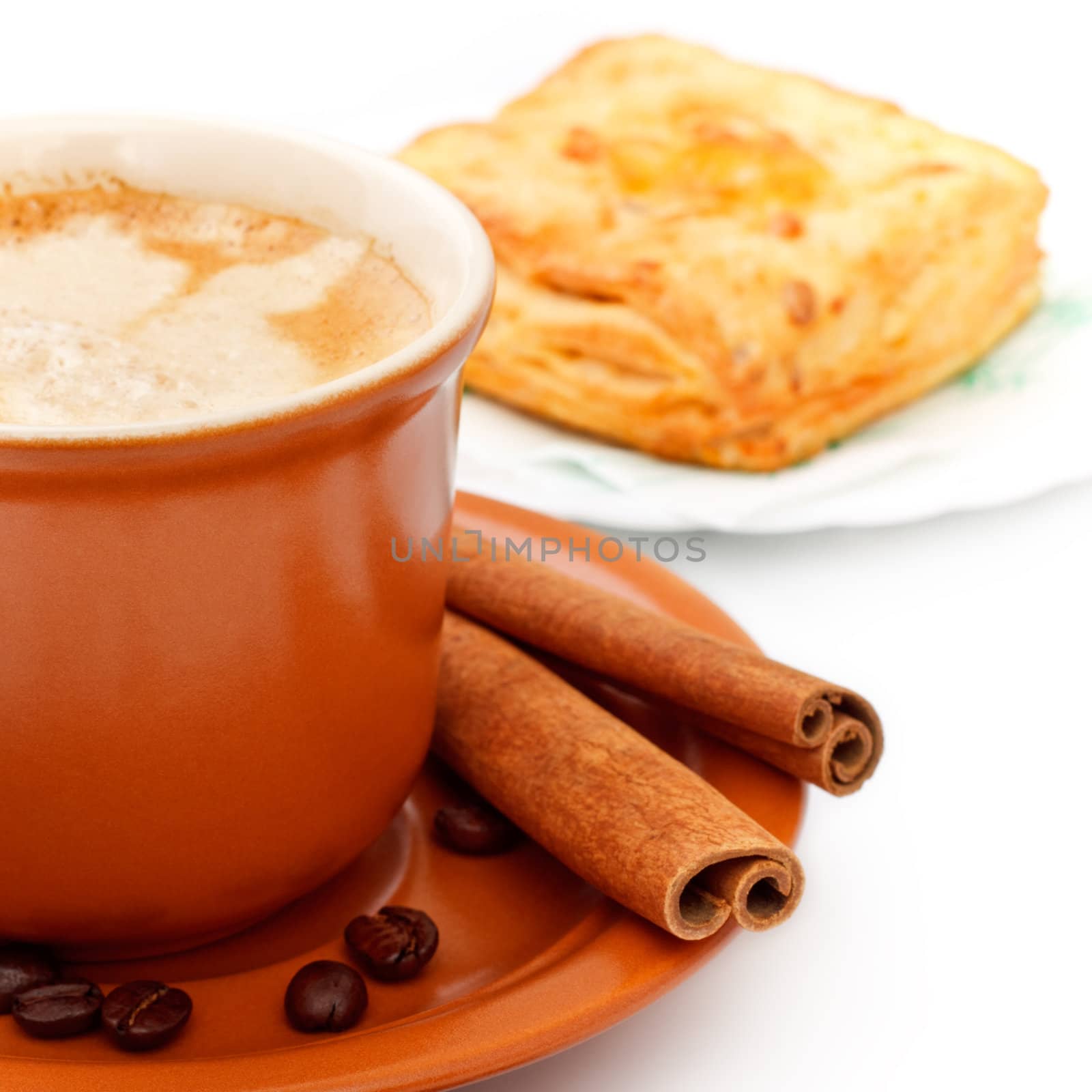 coffee cup and pie on white background