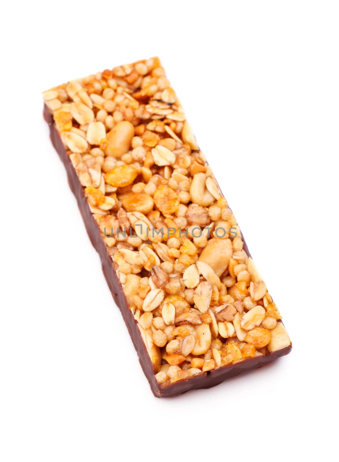 muesli bar in chocolate isolated on white