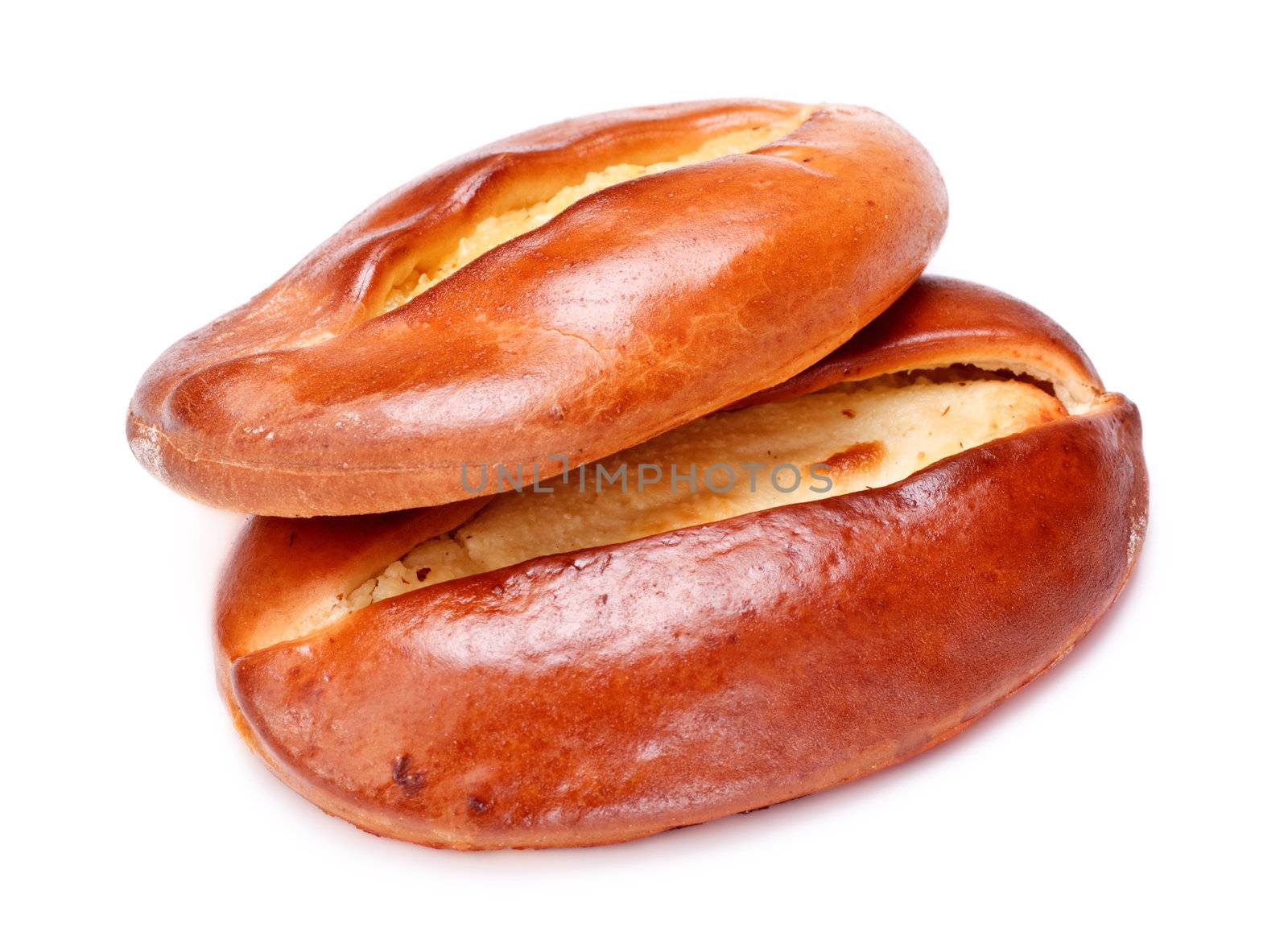 two pies with curds filling isolated on white