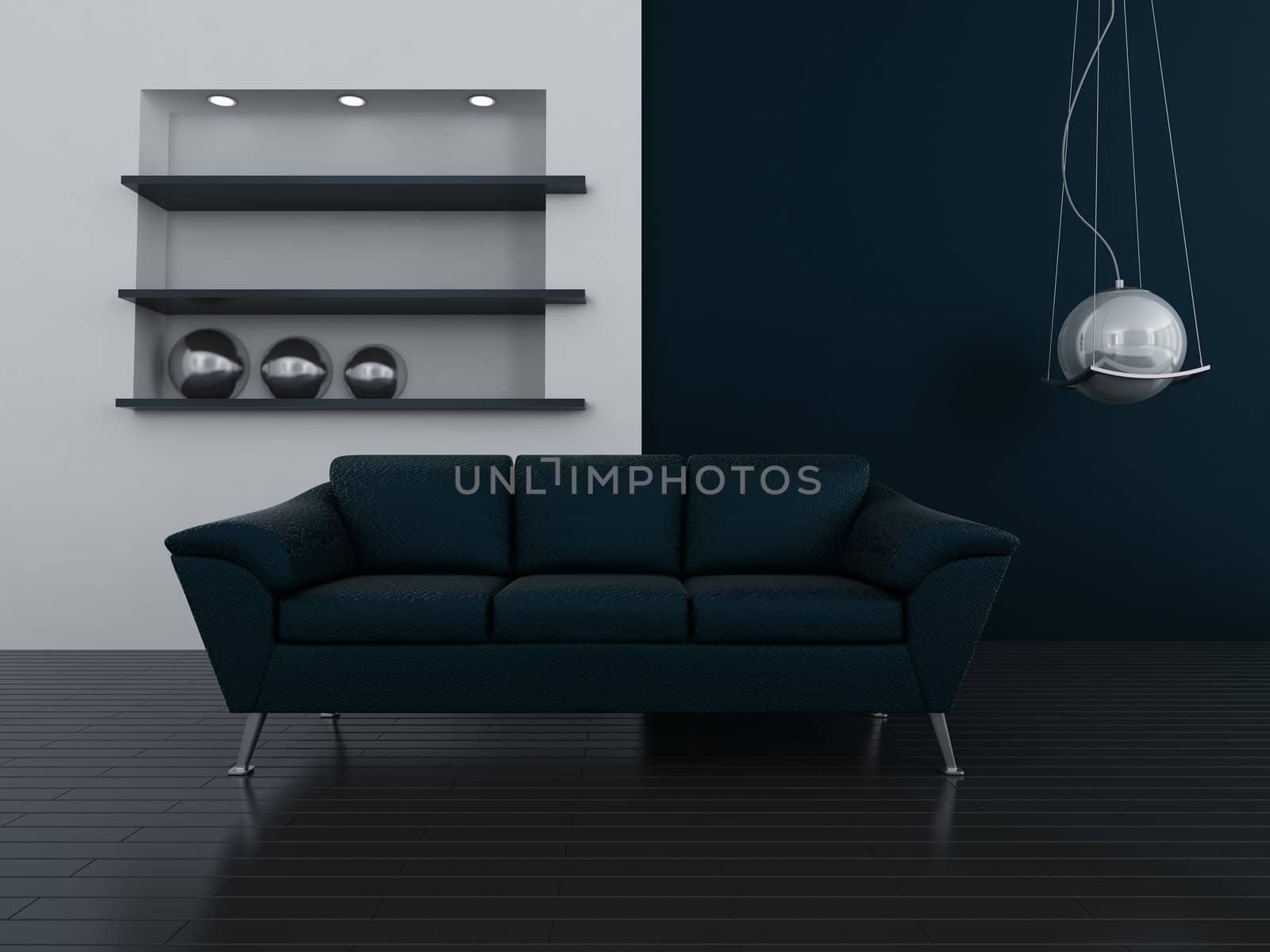 interior in dark blue tones with a sofa and lamp