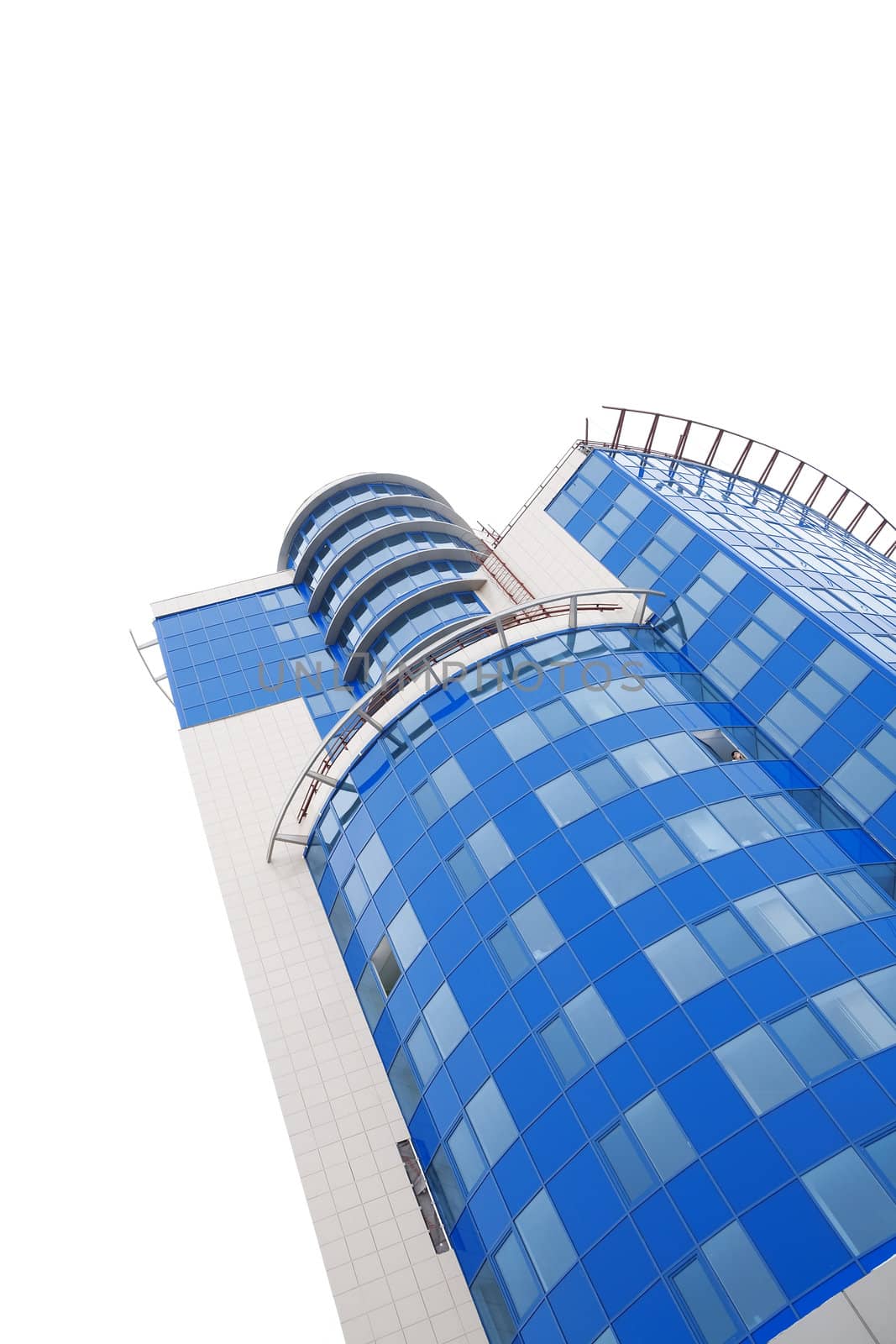 Blue windows of a high modern building on a white background