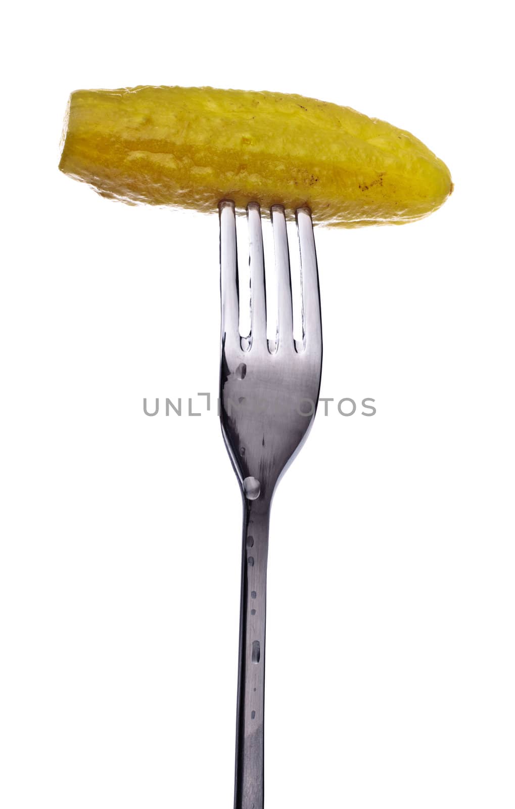 fresh pickle on fork isolated on white background